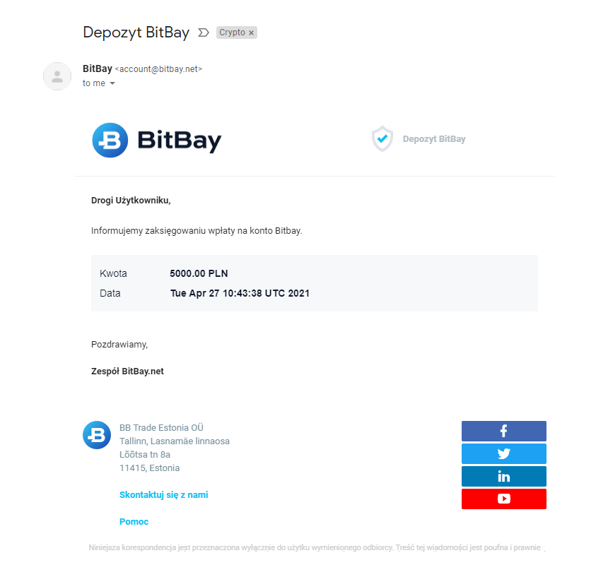 Mail potwierdzający wpłatę przelewem do BitBay