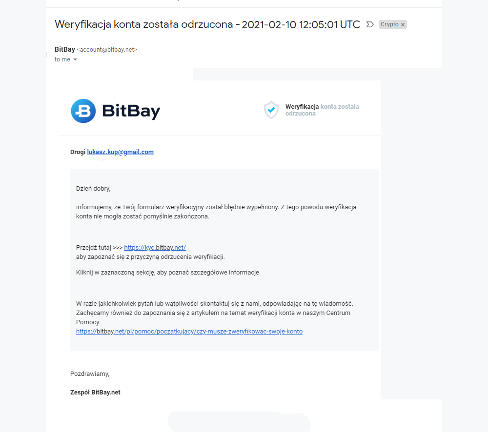 Odrzucona weryfikacja na BitBay
